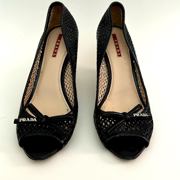 Black leather vintage y2k Prada cork wedges with bows size 38 - Picture 1 of 6